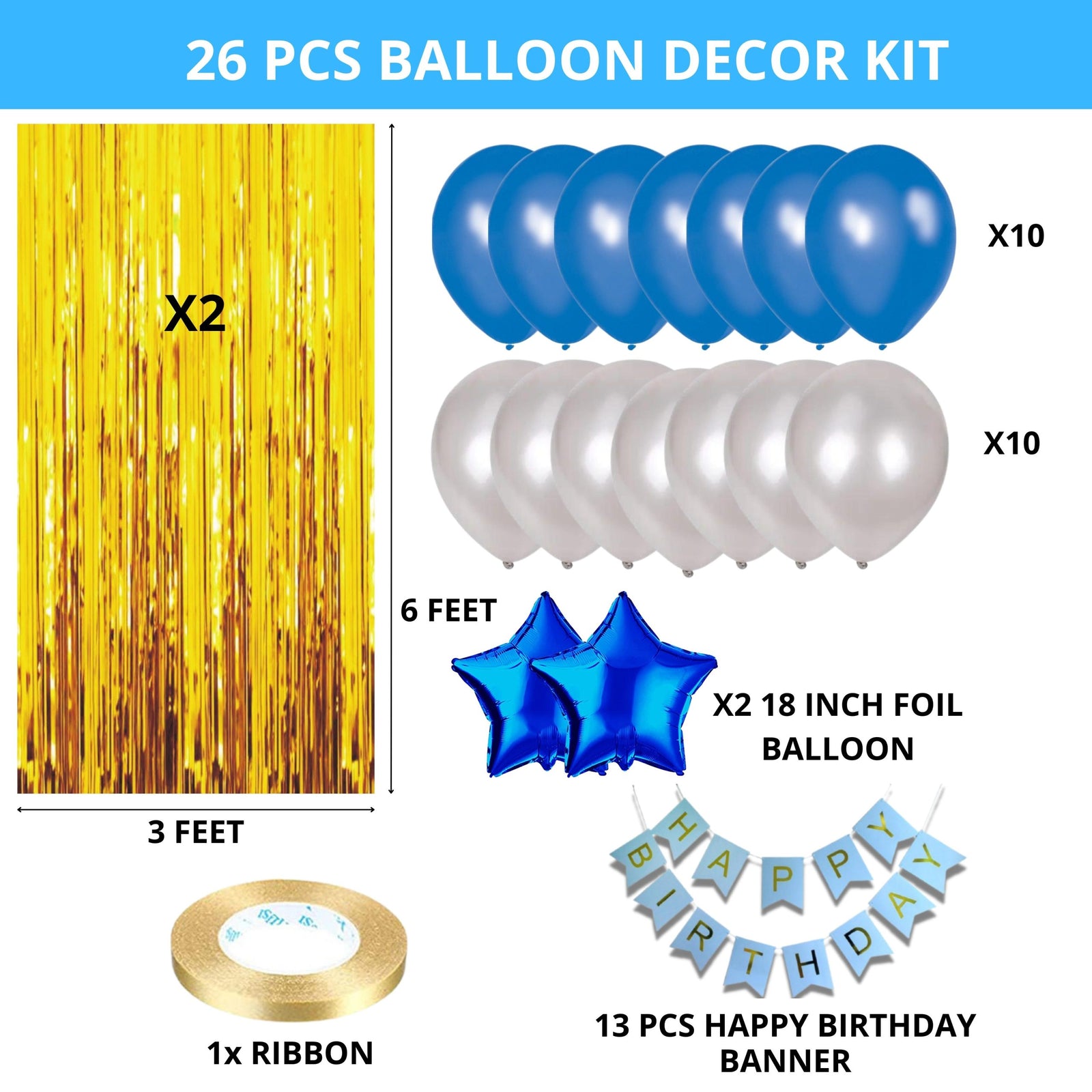 26PCS Happy Birthday Blue & White  Balloon Decor Kit