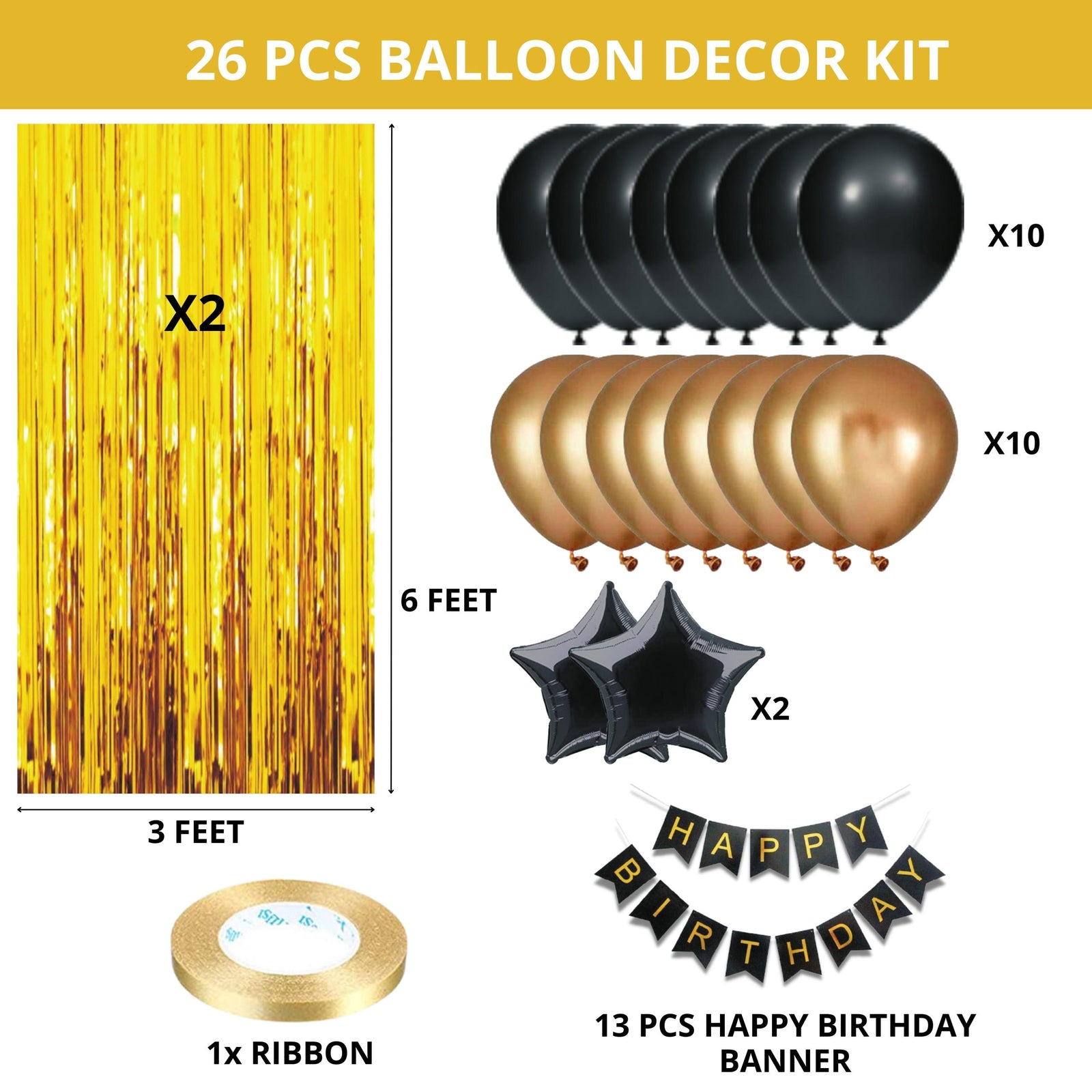 26PCS Happy Birthday Black & Metallic Gold Balloon Decor Kit