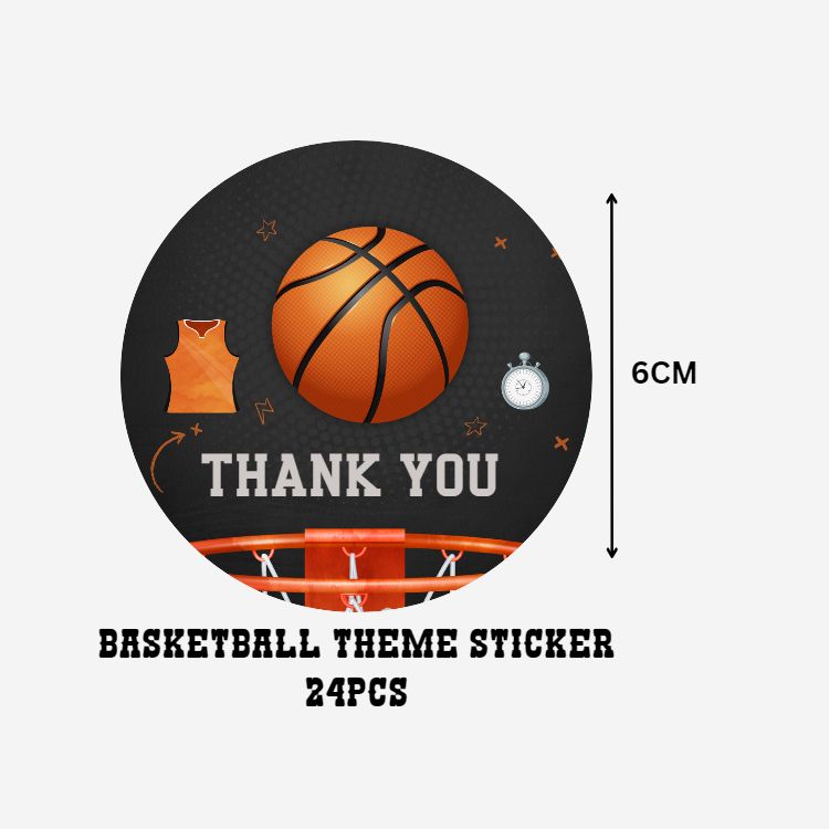 Basketball Theme- Return Gift/birthday decor Thankyou Sticker (6 CM/Sticker/Orange, White , Black/24Pcs)