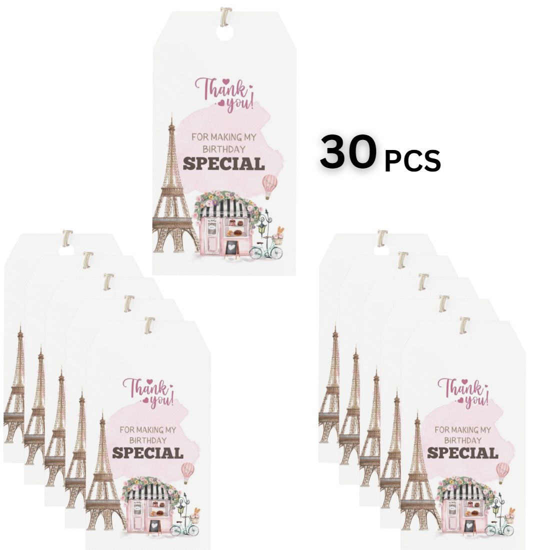 Paris Theme Birthday Favour Tags (2 x 3.5 inches/250 GSM Cardstock/Mixcolour/30Pcs)
