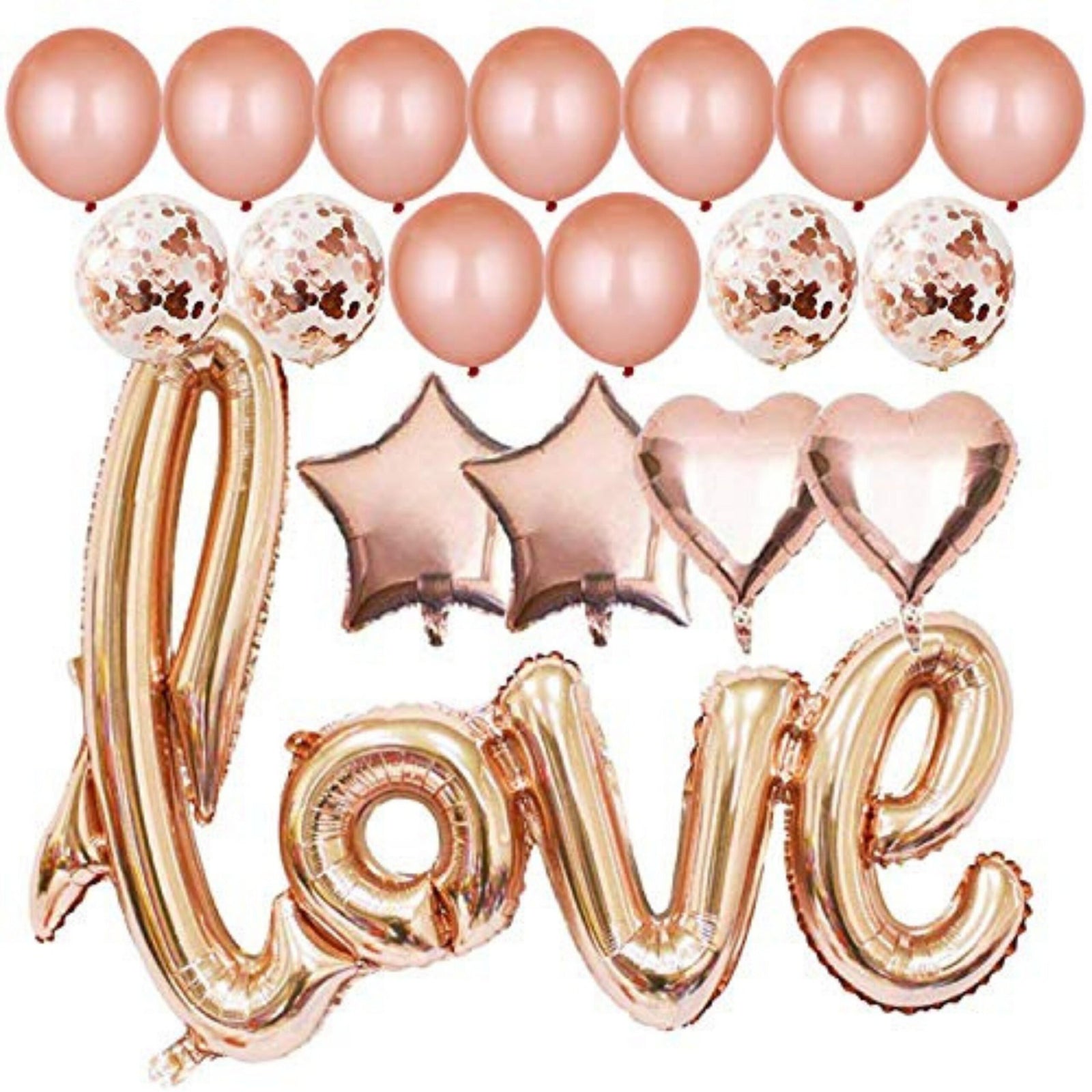 Love Shape Letter Foil Balloon with Rose Gold Confetti and Rose Gold Metallic Balloons for Birthday Wedding Valentine Day Engagement Party (20 piece)