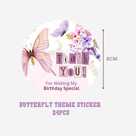 Butterfly Theme- Return Gift/birthday decor Thankyou Sticker (6 CM/Sticker/Multicolour/24Pcs)