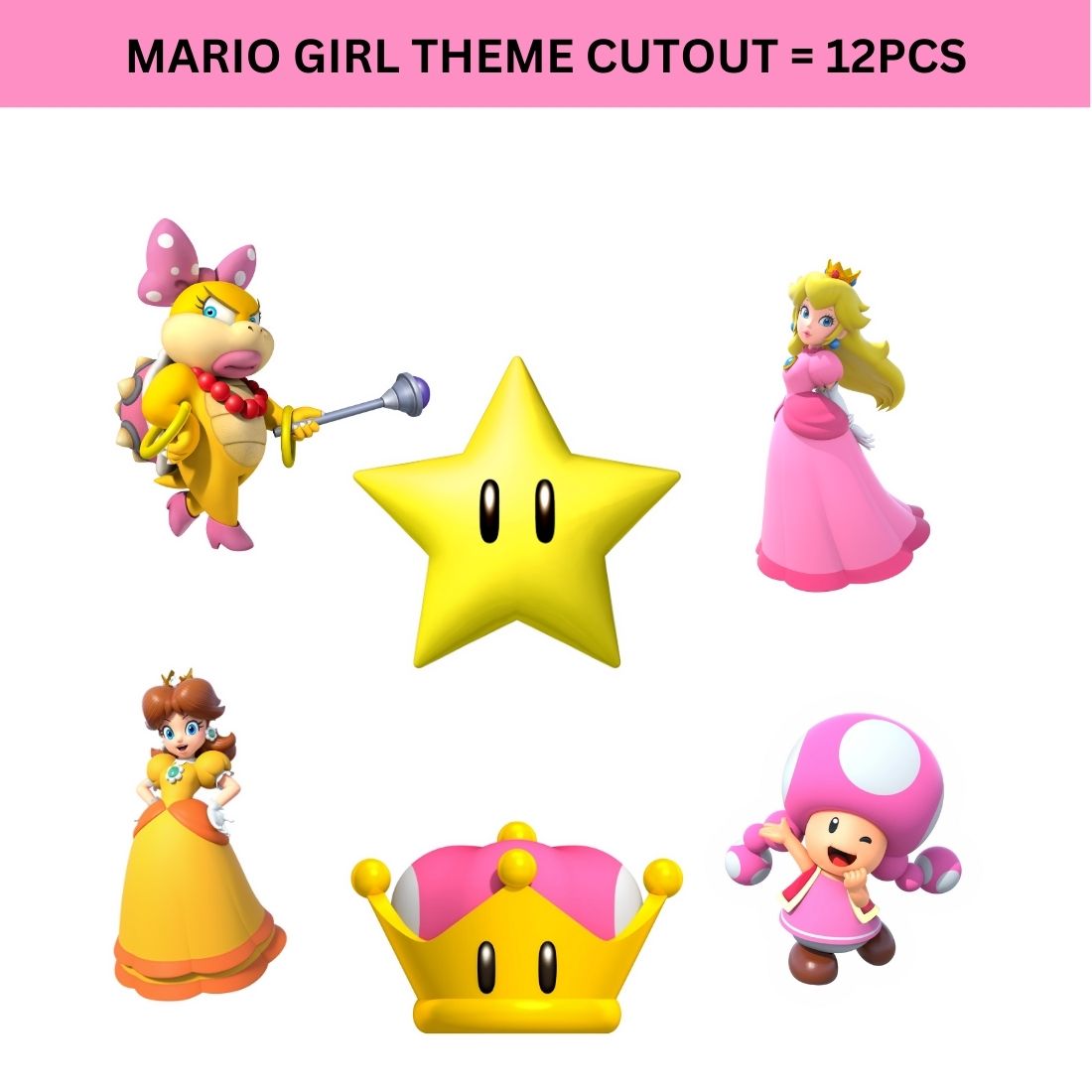 Mario Girl Theme Cutout (6 inches/250 GSM Cardstock/Mixcolour/12Pcs)