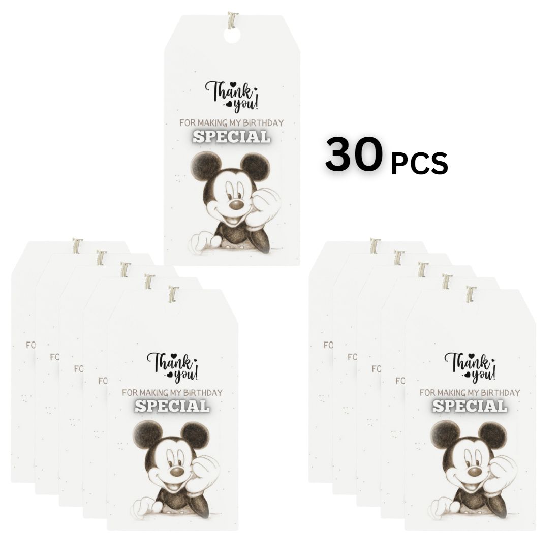 Mickey Mouse Theme Birthday Favour Tags (2 x 3.5 inches/250 GSM Cardstock/Black & White/30Pcs)