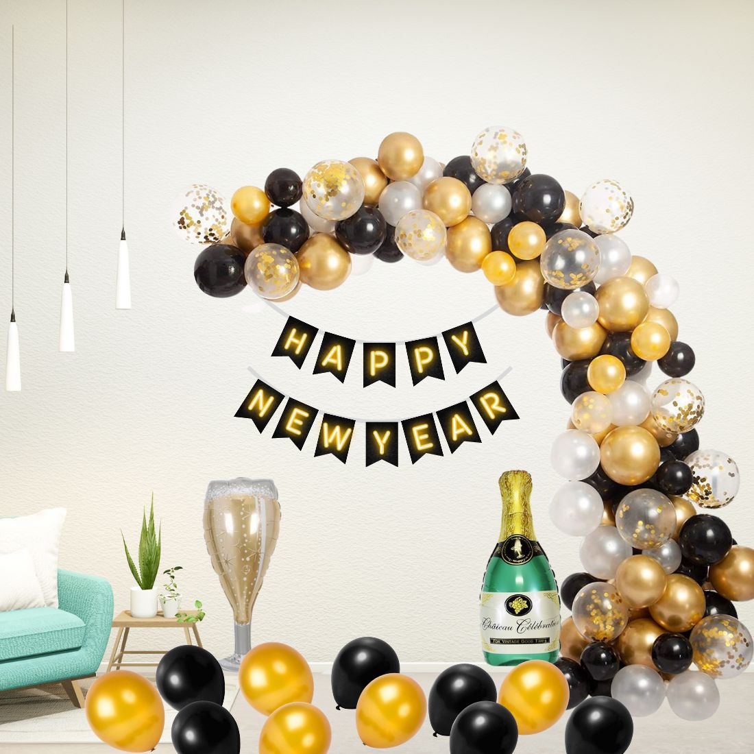 Happy New Year Black &amp; Gold Decoration with Bottle Glass Foil Balloon (85 pieces )