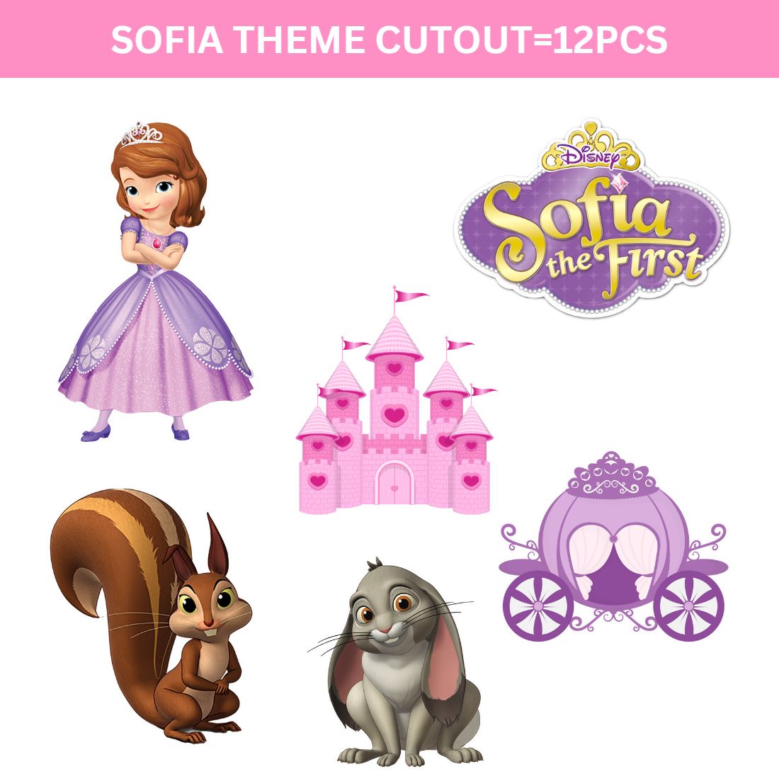 Enchanting Sofia Theme Birthday Party Decorations - Banner, Cutouts, Favor Tags, Danglers (6 inches/250 GSM Cardstock/Mixcolour/61Pcs)