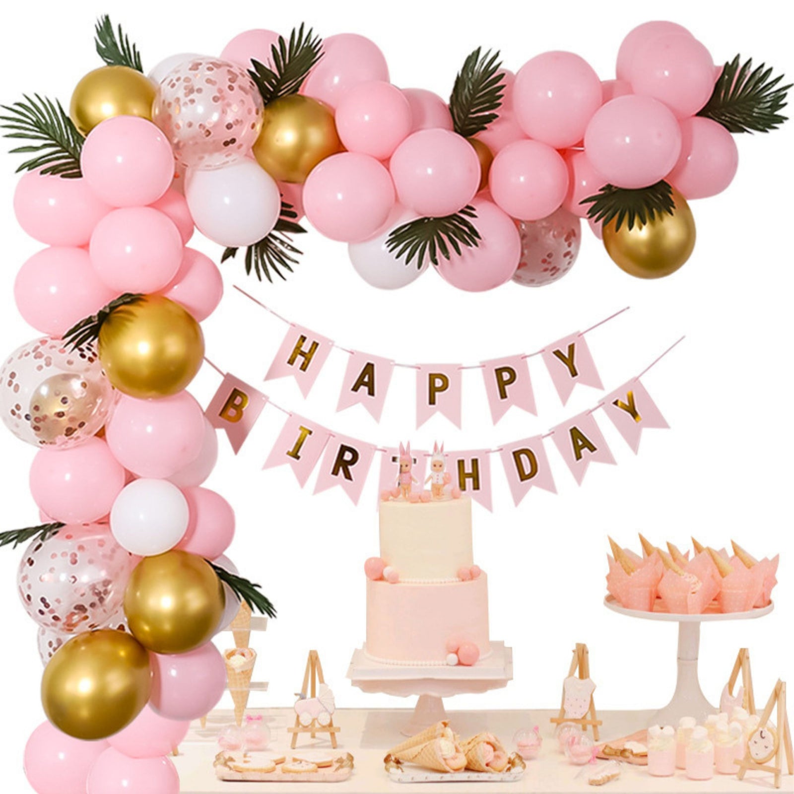53PCS Birthday for Girls, Boys Garland Kit With Birthday Banner 12 Inches Confetti RoseGold 10″ Pastel Pink Golden Chrome & White Latex Balloon