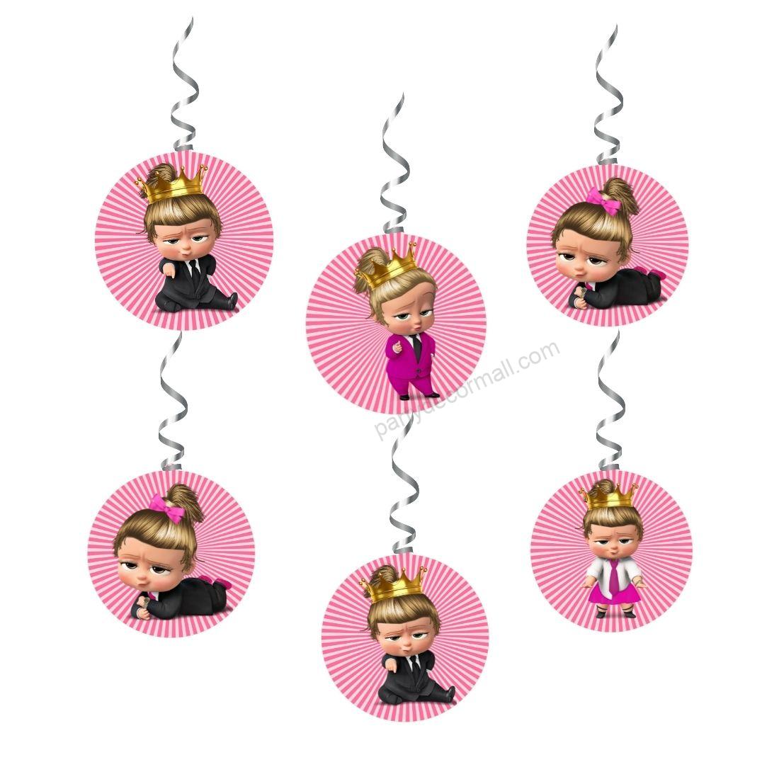 Boss Baby Girl Theme Hanging Danglers - Set of 6, Double-Sided Prints, 6 Inches Each with Hanging Ribbon