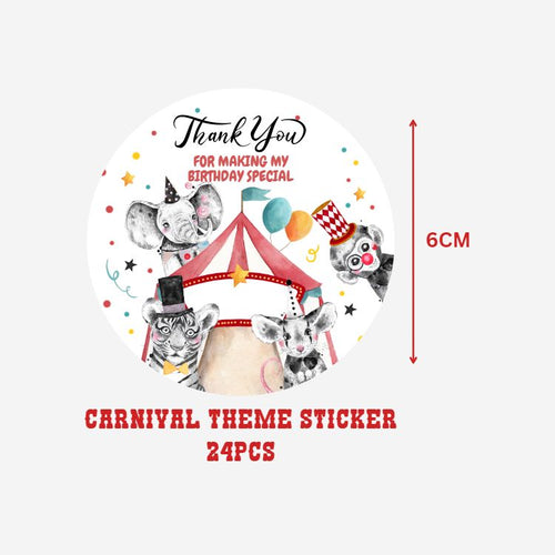 Load image into Gallery viewer, Carnival Theme- Return Gift/birthday decor Thankyou Sticker (6 CM/Sticker/Mixcolour/24Pcs)
