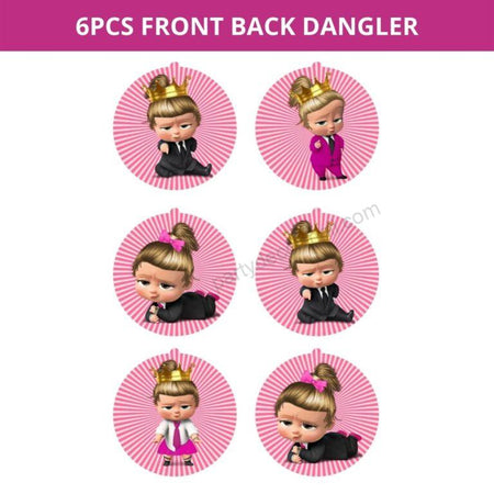 Boss Baby Girl Theme Hanging Danglers - Set of 6, Double-Sided Prints, 6 Inches Each with Hanging Ribbon