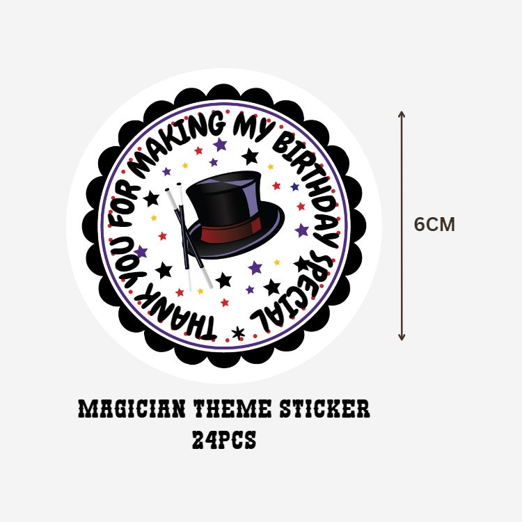 Magician Theme- Return Gift/birthday decor Thankyou Sticker (6 CM/Sticker/Black & White/24Pcs)