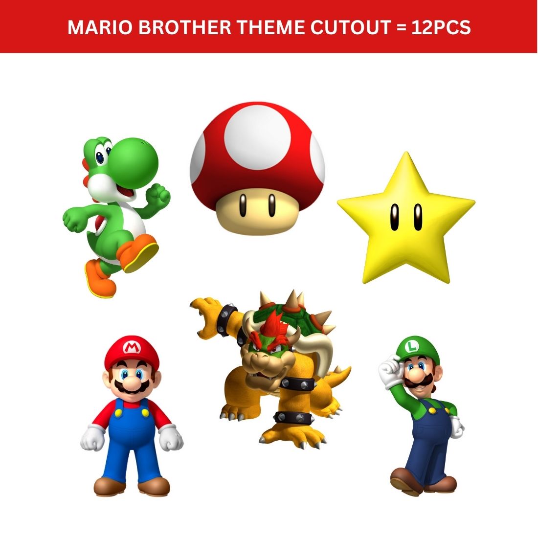 Mario Brother Theme Cutout (6 inches/250 GSM Cardstock/Mixcolour/12Pcs)
