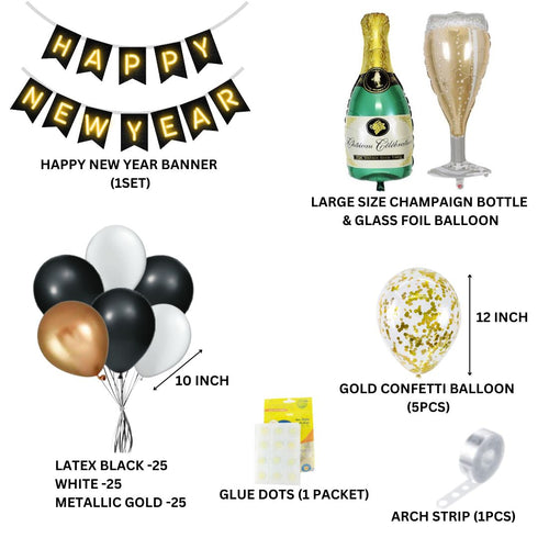 Load image into Gallery viewer, Happy New Year Black &amp; Gold Decoration with Bottle Glass Foil Balloon (85 pieces )
