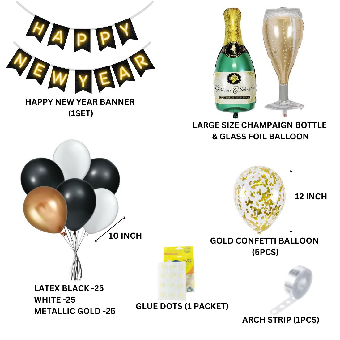 Happy New Year Black &amp; Gold Decoration with Bottle Glass Foil Balloon (85 pieces )