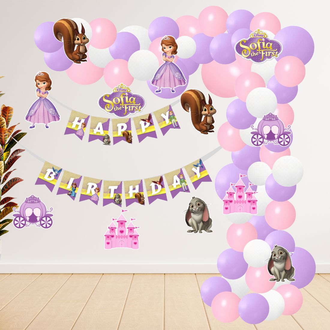 Sofia Theme Birthday Kits - (6 Inches/250 GSM Cardstock/Purple , White & Pink/60Pcs)