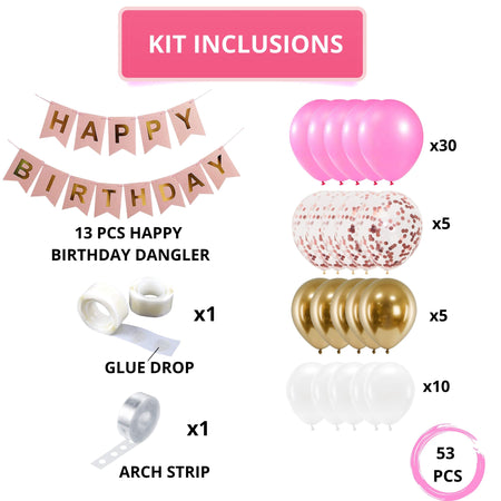 53PCS Birthday for Girls, Boys Garland Kit With Birthday Banner 12 Inches Confetti RoseGold 10″ Pastel Pink Golden Chrome & White Latex Balloon