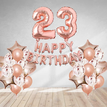 Rosegold Birthday Decor Metallic Balloon, Confetti, Star Foil Balloon, Heart Foil Balloon, Foil Happy Birthday & foil Number (23)