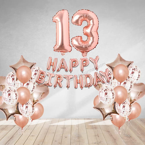 Load image into Gallery viewer, Rosegold Birthday Decor Metallic Balloon, Confetti, Star Foil Balloon, Heart Foil Balloon, Foil Happy Birthday &amp; foil Number (13)
