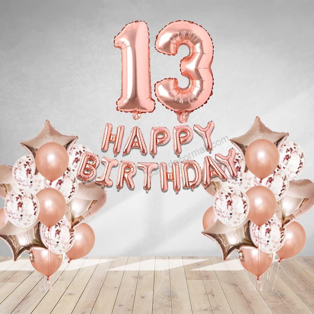 Rosegold Birthday Decor Metallic Balloon, Confetti, Star Foil Balloon, Heart Foil Balloon, Foil Happy Birthday & foil Number (13)