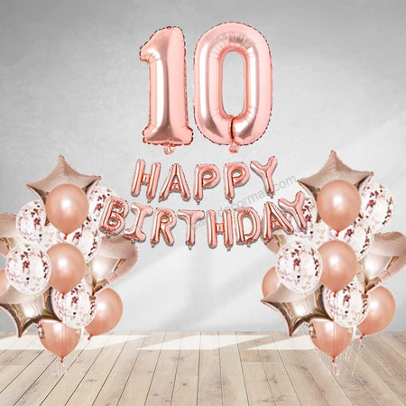 Rosegold Birthday Decor Metallic Balloon, Confetti, Star Foil Balloon, Heart Foil Balloon, Foil Happy Birthday & foil Number (10)