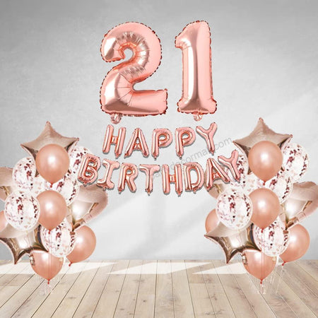 Rosegold Birthday Decor Metallic Balloon, Confetti, Star Foil Balloon, Heart Foil Balloon, Foil Happy Birthday & foil Number (21)