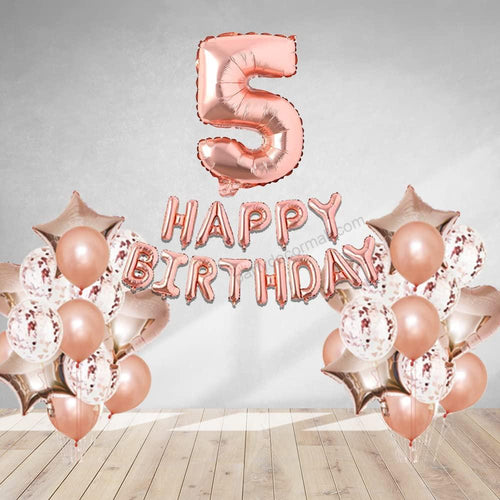 Load image into Gallery viewer, Rosegold Birthday Decor Metallic Balloon, Confetti, Star Foil Balloon, Heart Foil Balloon, Foil Happy Birthday &amp; foil Number (5)
