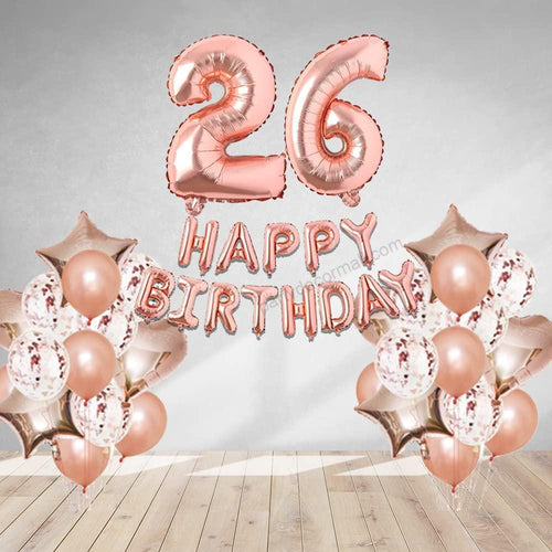 Load image into Gallery viewer, Rosegold  Birthday Decor DIY Kit includes; Metallic Balloon, Confetti, Star Foil Balloon, Heart Foil Balloon, Happy Birthday &amp; foil Number(26)
