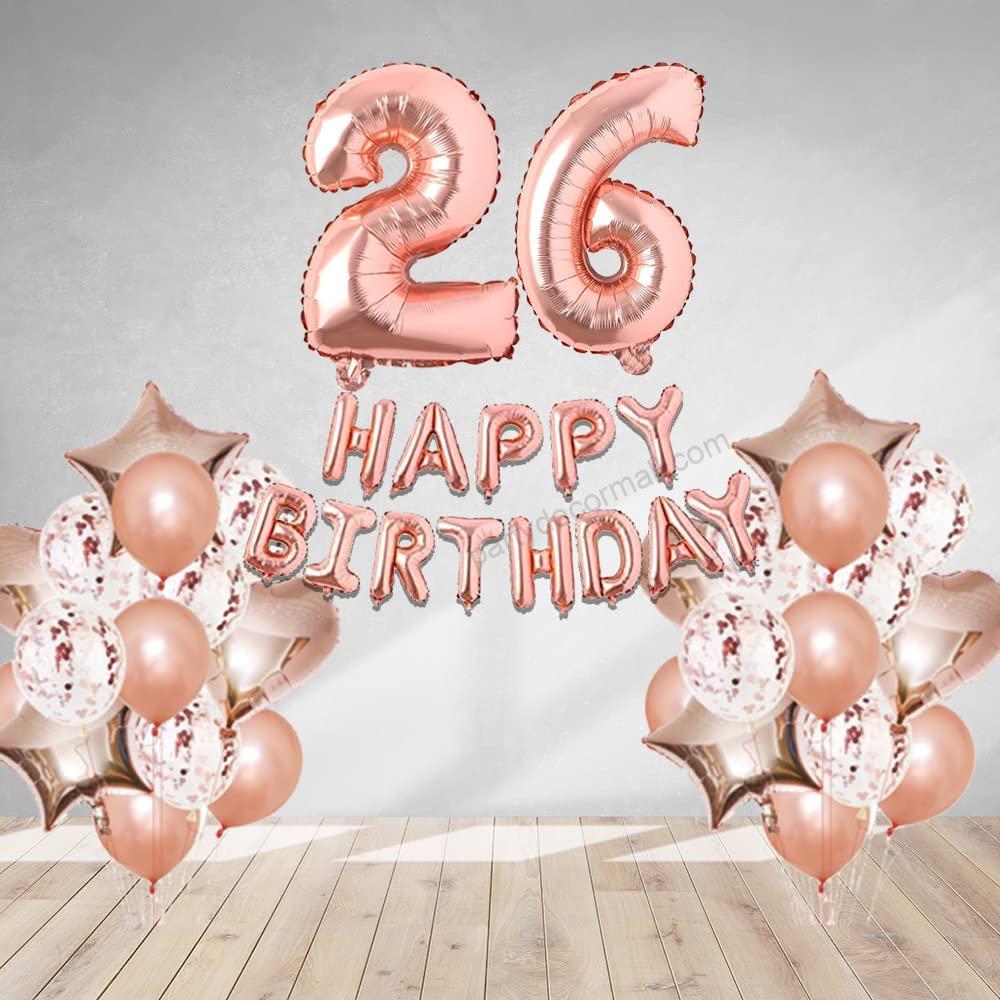 Rosegold  Birthday Decor DIY Kit includes; Metallic Balloon, Confetti, Star Foil Balloon, Heart Foil Balloon, Happy Birthday & foil Number(26)