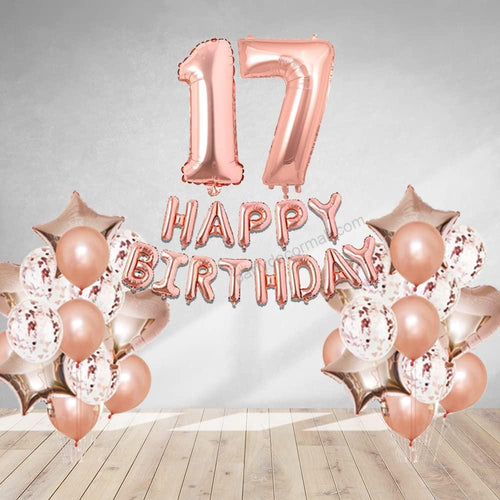 Load image into Gallery viewer, Rosegold Birthday Decor Metallic Balloon, Confetti, Star Foil Balloon, Heart Foil Balloon, Foil Happy Birthday &amp; foil Number (17)
