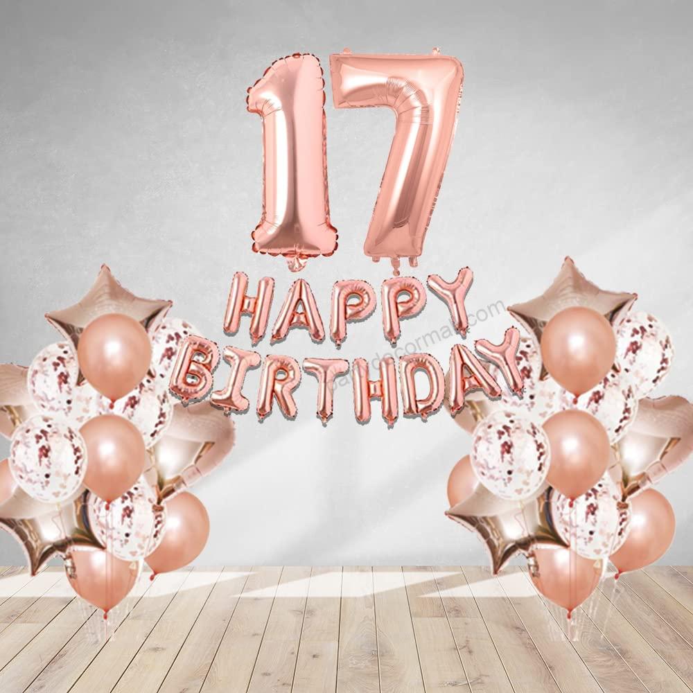 Rosegold Birthday Decor Metallic Balloon, Confetti, Star Foil Balloon, Heart Foil Balloon, Foil Happy Birthday & foil Number (17)