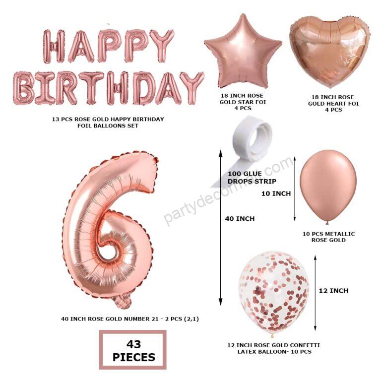 Rosegold Birthday Decor Metallic Balloon, Confetti, Star Foil Balloon, Heart Foil Balloon, Foil Happy Birthday & foil Number (6)