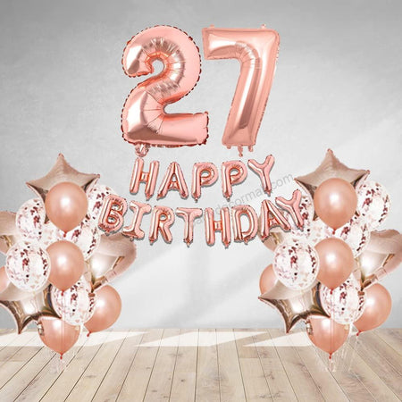 Rosegold  Birthday Decor DIY Kit includes; Metallic Balloon, Confetti, Star Foil Balloon, Heart Foil Balloon, Happy Birthday & foil Number(27)