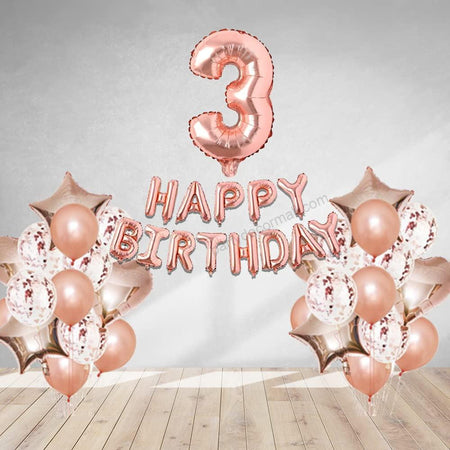 Rosegold Birthday Decor Metallic Balloon, Confetti, Star Foil Balloon, Heart Foil Balloon, Foil Happy Birthday & foil Number (3)