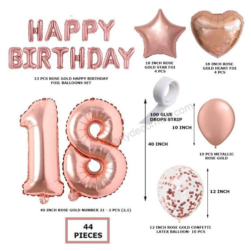 Load image into Gallery viewer, Rosegold Birthday Decor Metallic Balloon, Confetti, Star Foil Balloon, Heart Foil Balloon, Foil Happy Birthday &amp; foil Number (18)

