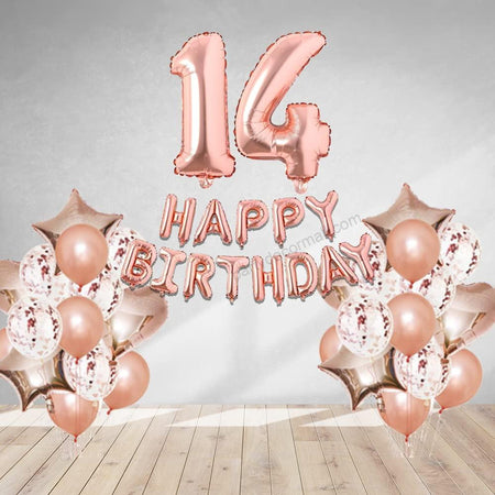 Rosegold Birthday Decor Metallic Balloon, Confetti, Star Foil Balloon, Heart Foil Balloon, Foil Happy Birthday & foil Number (14)