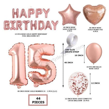 Rosegold Birthday Decor Metallic Balloon, Confetti, Star Foil Balloon, Heart Foil Balloon, Foil Happy Birthday & foil Number (15)