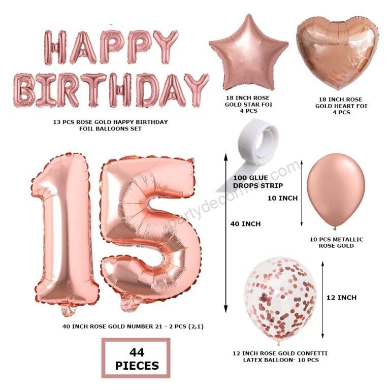 Rosegold Birthday Decor Metallic Balloon, Confetti, Star Foil Balloon, Heart Foil Balloon, Foil Happy Birthday & foil Number (15)