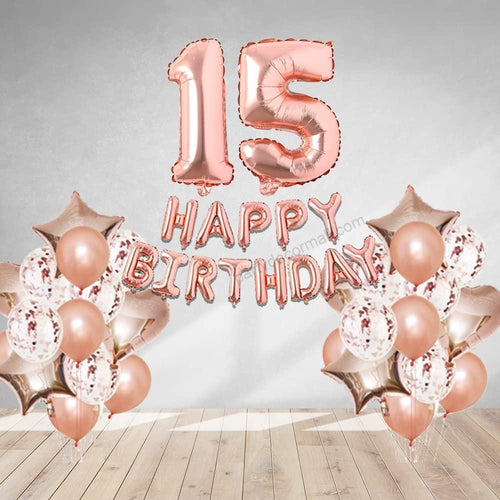 Load image into Gallery viewer, Rosegold Birthday Decor Metallic Balloon, Confetti, Star Foil Balloon, Heart Foil Balloon, Foil Happy Birthday &amp; foil Number (15)
