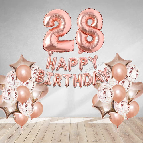 Load image into Gallery viewer, Rosegold  Birthday Decor DIY Kit includes; Metallic Balloon, Confetti, Star Foil Balloon, Heart Foil Balloon, Happy Birthday &amp; foil Number(28)
