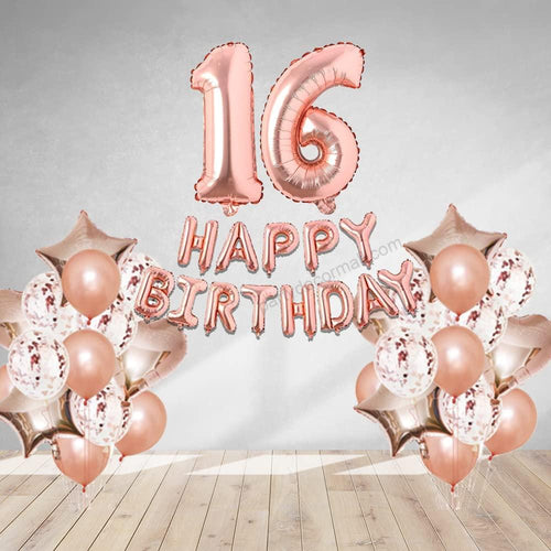 Load image into Gallery viewer, Rosegold Birthday Decor Metallic Balloon, Confetti, Star Foil Balloon, Heart Foil Balloon, Foil Happy Birthday &amp; foil Number (16)
