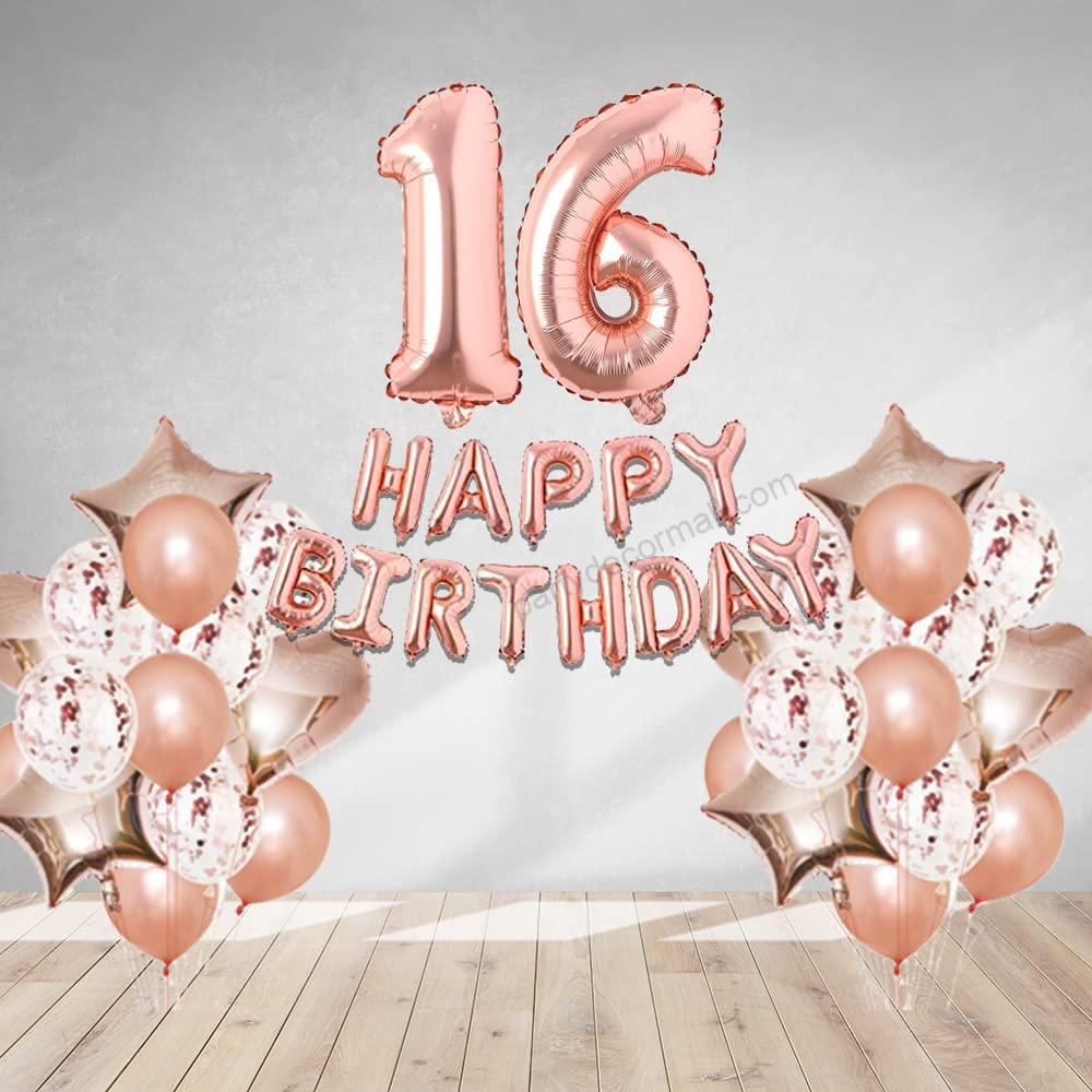 Rosegold Birthday Decor Metallic Balloon, Confetti, Star Foil Balloon, Heart Foil Balloon, Foil Happy Birthday & foil Number (16)