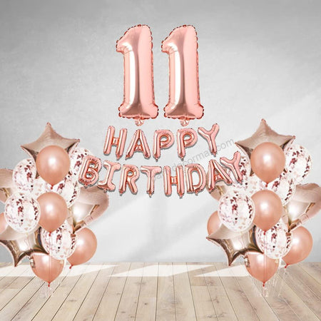 Rosegold Birthday Decor Metallic Balloon, Confetti, Star Foil Balloon, Heart Foil Balloon, Foil Happy Birthday & foil Number (11)