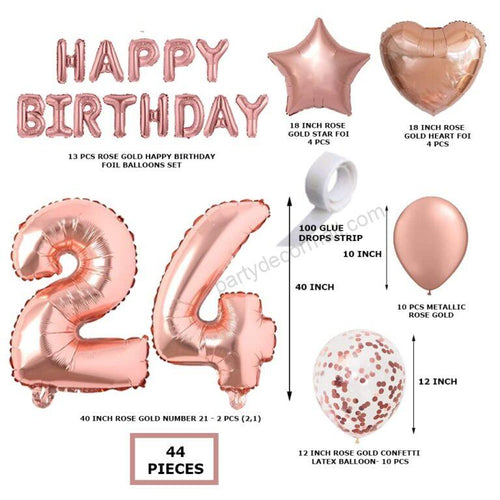 Load image into Gallery viewer, Rosegold  Birthday Decor DIY Kit includes; Metallic Balloon, Confetti, Star Foil Balloon, Heart Foil Balloon, Happy Birthday &amp; foil Number(24)
