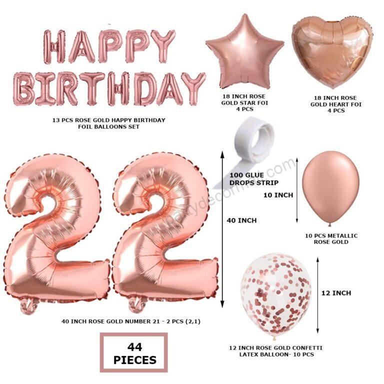 Rosegold Birthday Decor Metallic Balloon, Confetti, Star Foil Balloon, Heart Foil Balloon, Foil Happy Birthday & foil Number (22)