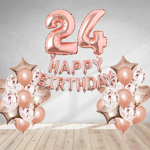 Load image into Gallery viewer, Rosegold  Birthday Decor DIY Kit includes; Metallic Balloon, Confetti, Star Foil Balloon, Heart Foil Balloon, Happy Birthday &amp; foil Number(24)
