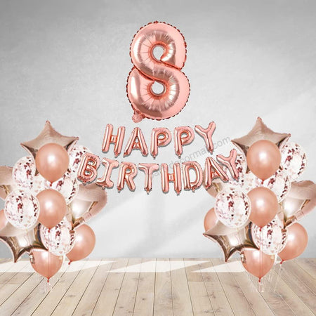 Rosegold Birthday Decor Metallic Balloon, Confetti, Star Foil Balloon, Heart Foil Balloon, Foil Happy Birthday & foil Number (8)