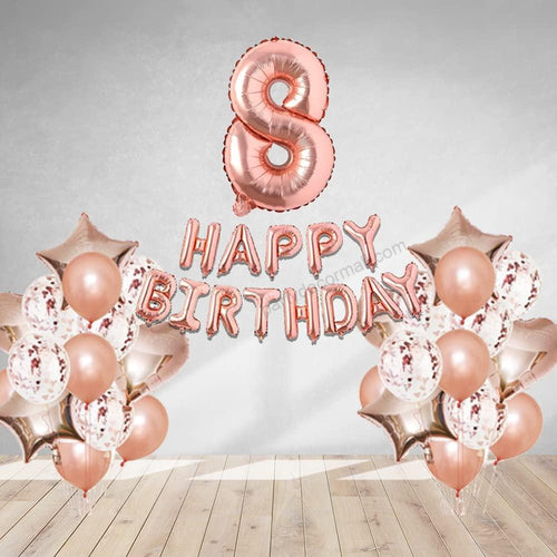 Load image into Gallery viewer, Rosegold Birthday Decor Metallic Balloon, Confetti, Star Foil Balloon, Heart Foil Balloon, Foil Happy Birthday &amp; foil Number (8)
