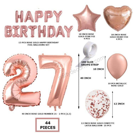 Rosegold  Birthday Decor DIY Kit includes; Metallic Balloon, Confetti, Star Foil Balloon, Heart Foil Balloon, Happy Birthday & foil Number(27)