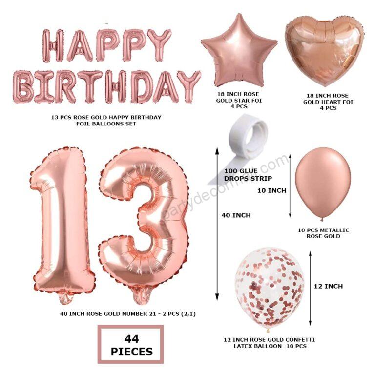 Rosegold Birthday Decor Metallic Balloon, Confetti, Star Foil Balloon, Heart Foil Balloon, Foil Happy Birthday & foil Number (13)