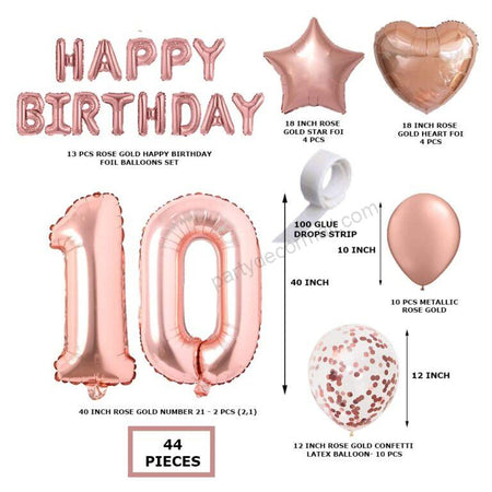 Rosegold Birthday Decor Metallic Balloon, Confetti, Star Foil Balloon, Heart Foil Balloon, Foil Happy Birthday & foil Number (10)